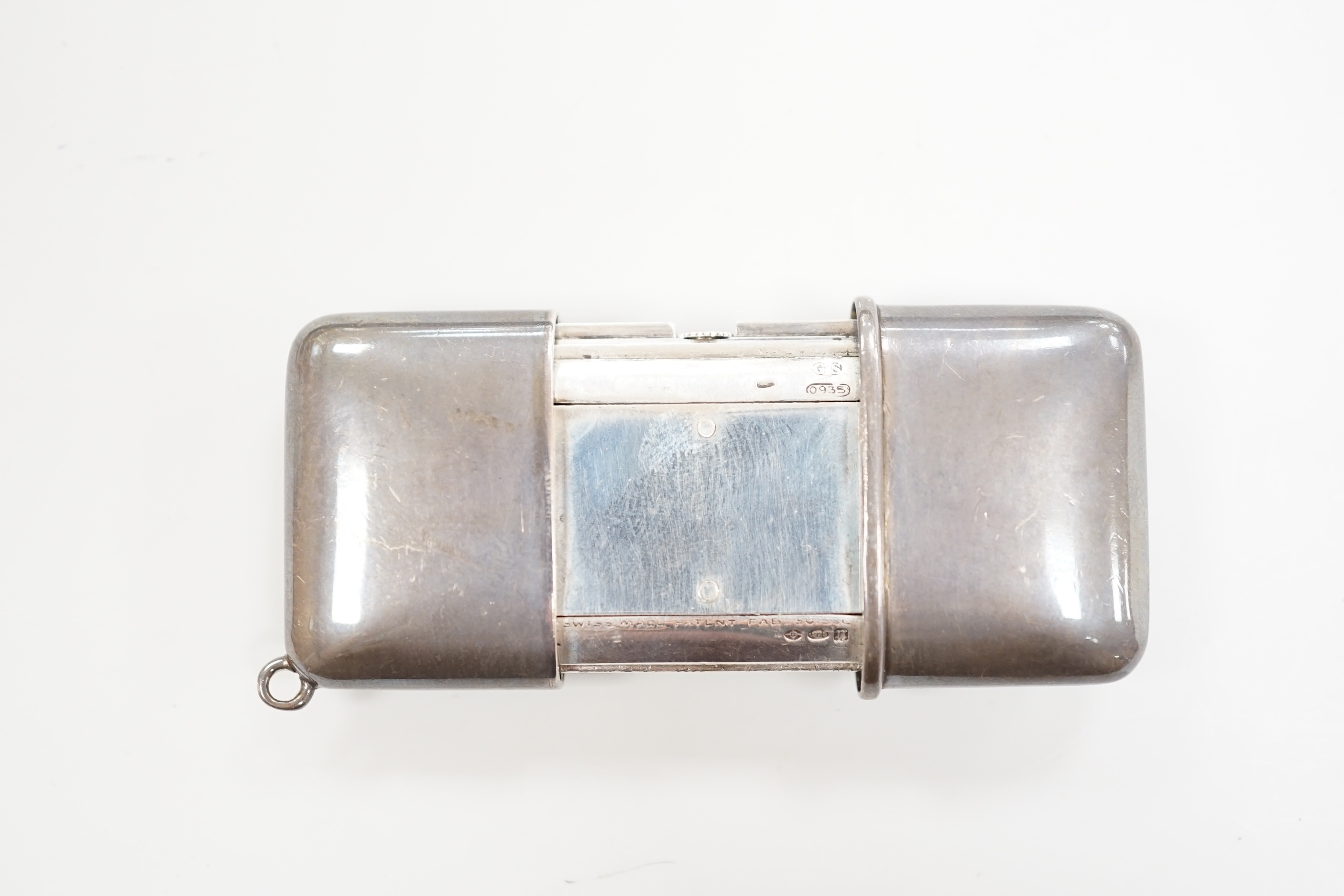 A 1920's silver cased Movado travelling watch, 47mm, import marks for London, 1928.